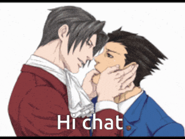 a cartoon of two men touching each other 's face with the words hi chat below them