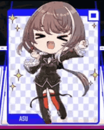 a little girl in a suit is dancing on a checkered background in a video game .
