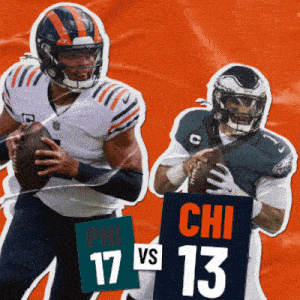 two football players holding a ball with a sign that says phil 17 vs 13