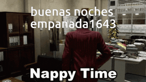 a man in a red jacket is standing in an office with the words nappy time written above him