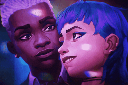 a man and a woman are looking at each other in a painting