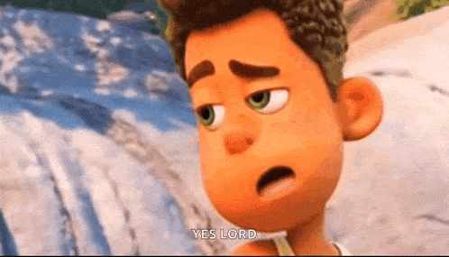 a close up of a cartoon boy 's face with the words `` yes lord '' written on it .
