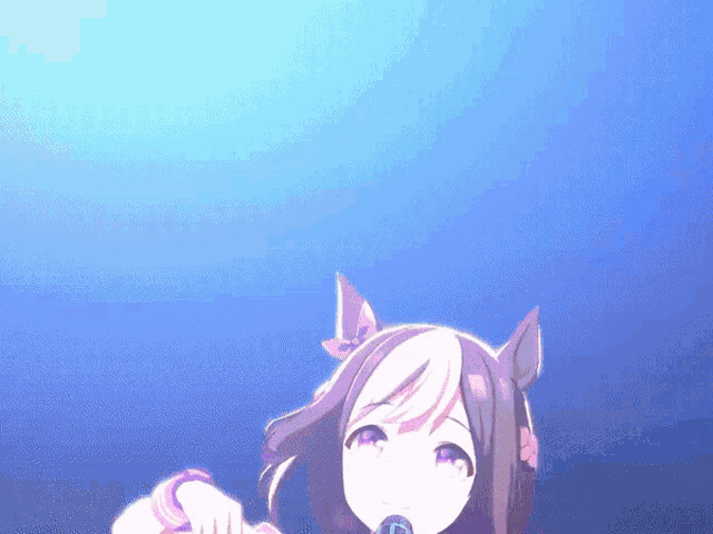 a girl with purple eyes is holding a microphone in front of a blue background