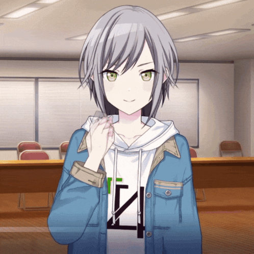 a girl with gray hair and green eyes is wearing a blue jacket and a white shirt with the letter z on it