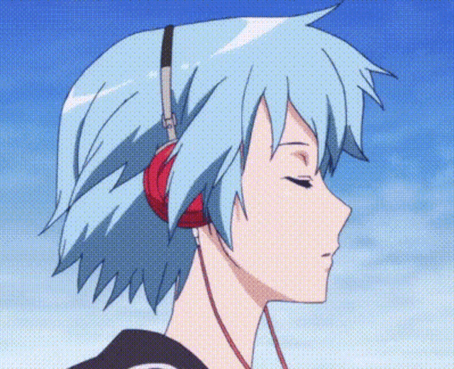 a blue haired anime character wearing headphones with a blue sky in the background