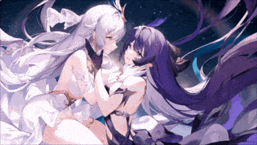 a couple of anime girls with purple hair and white hair looking at each other
