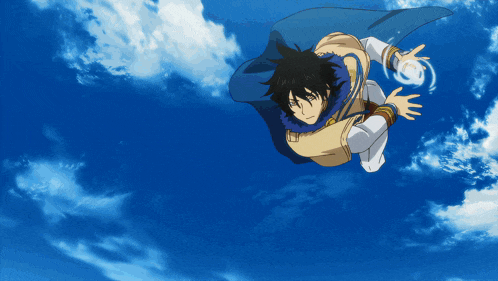 a cartoon character is flying through the air with a blue sky behind him