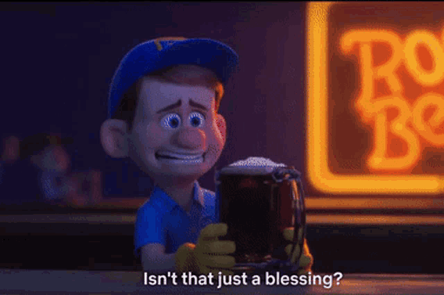 a cartoon character holding a beer mug with the words isn 't that just a blessing behind him
