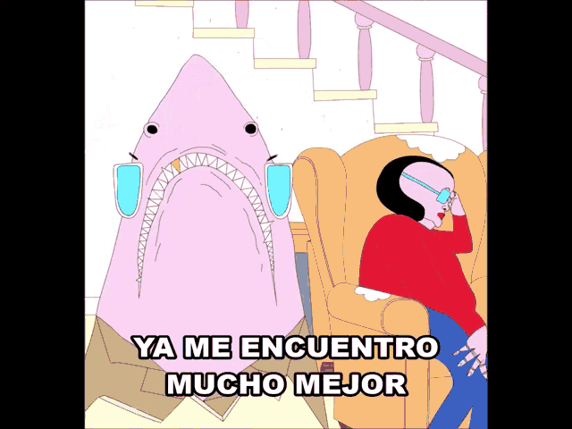 a cartoon of a woman sitting in a chair next to a pink shark with the words ya me encuentro mucho mejor below it
