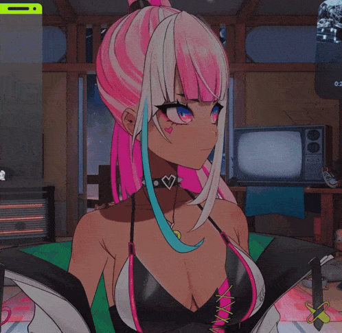 a girl with pink hair and blue eyes has a heart on her face