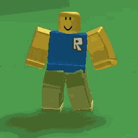 a roblox character wearing a blue shirt with an r on it