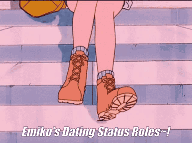 a cartoon of a woman walking down stairs with the caption emiko 's dating status roles !