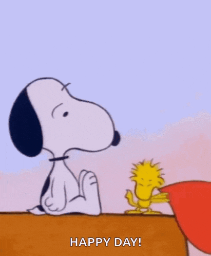 snoopy and woodstock are holding a heart in their mouths and saying happy day .