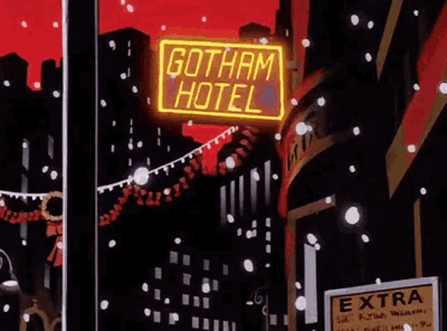 a neon sign for the gotham hotel is lit up in a window with snow falling .
