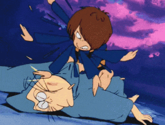 a cartoon character with brown hair is laying on another character