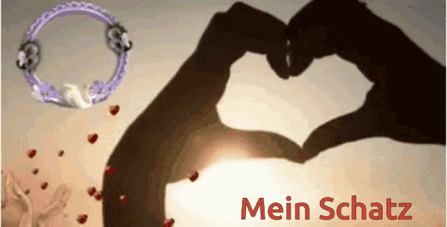 a shadow of a person making a heart with their hands and the words mein schatz