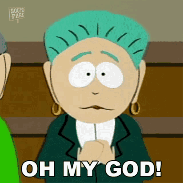 a cartoon character from south park is praying and saying `` oh my god ! ''