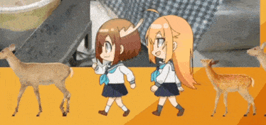 two anime girls are walking in front of deer