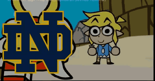a cartoon character is standing in front of a logo that says notre dame