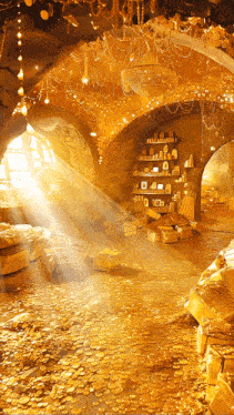 a room filled with lots of gold coins and treasures