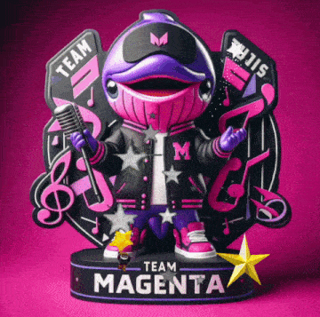 a figurine of a dolphin holding a microphone with the words team magenta written on it