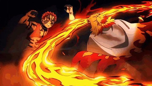 a cartoon character is fighting another character with a fireball coming out of their mouth .