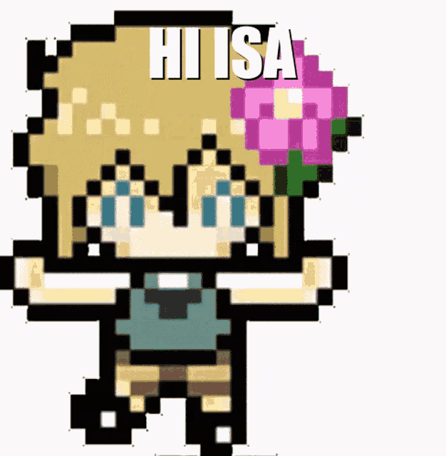 a pixel art of a girl with a flower in her hair and the words hitsa
