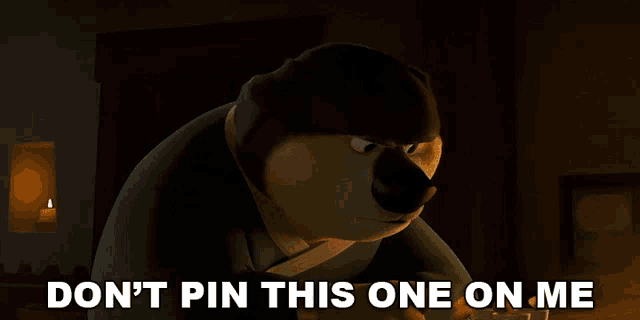 a cartoon bear says " don 't pin this one on me "