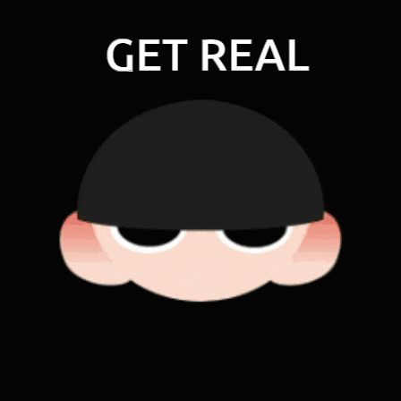 a cartoon character with a black hat on a black background with the words `` get real '' written on it .