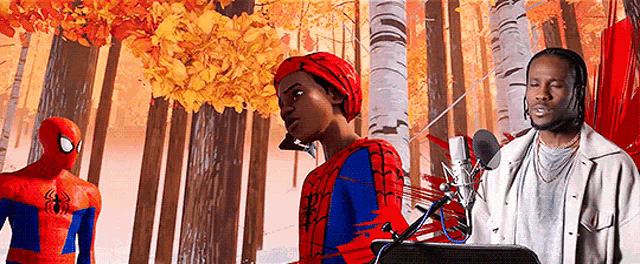 a man in a spiderman costume is standing next to a man in a gray jacket .