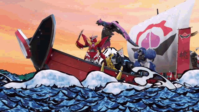 a group of robots are in a boat with a flag that says ' samurai ' on it