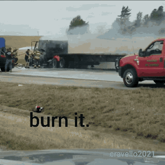 a red truck with the word burn on the side of it