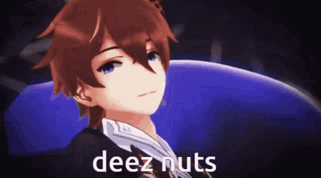 a picture of a anime character with the words deez nuts written on it
