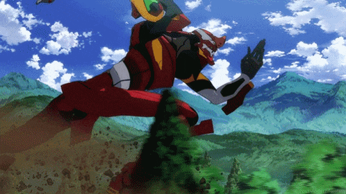 a red robot is flying through the air in a cartoon