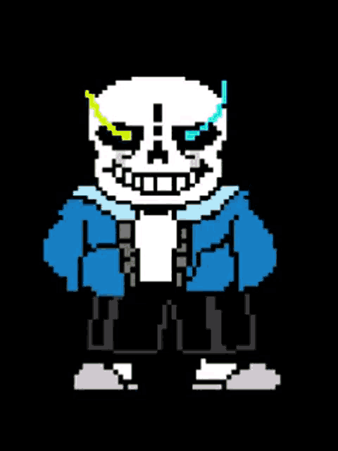 a pixel art of a skeleton with glowing eyes and a blue jacket