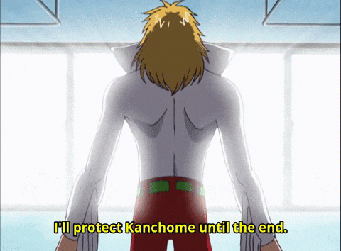 a cartoon character says " i 'll protect kanchome until the end .. "
