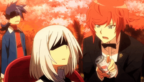 a man in a tuxedo holds a can of soda in front of two anime characters