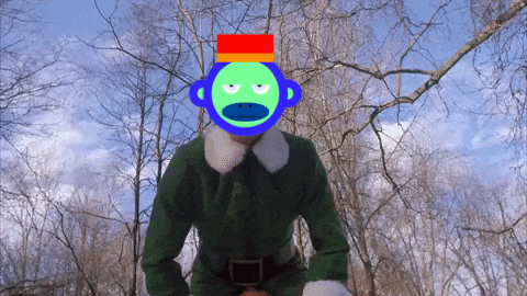 a green elf with a blue hat on his head stands in the woods