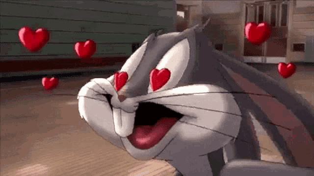 bugs bunny from looney tunes is in love with hearts coming out of his eyes .