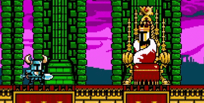 a pixel art of a knight standing next to a king in a throne .