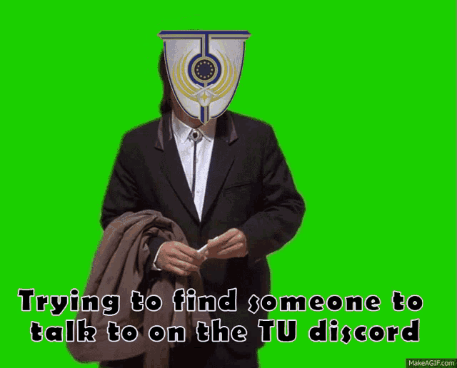 a man in a suit with a shield on his head is trying to find someone to talk to on a tu discord