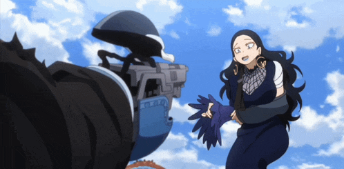 a woman with long black hair is holding a pair of gloves in front of a motorcycle