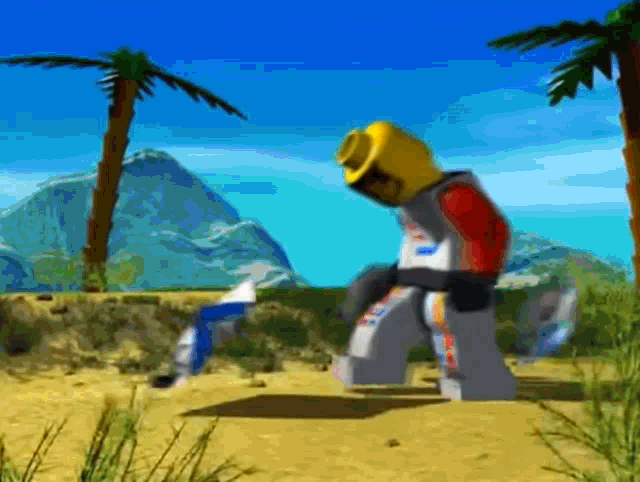 a lego man is standing on a beach with palm trees in the background
