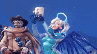 a video game character holds up a mug that says " self catering "
