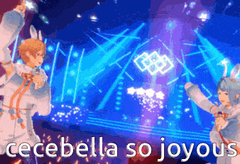 two anime characters are dancing on a stage with the words cecebella so joyous