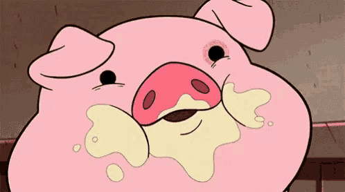 a close up of a cartoon pig with yellow liquid coming out of its mouth