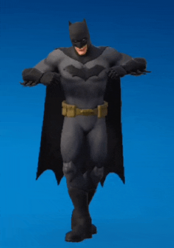 a man in a batman costume is standing with his arms outstretched on a blue background