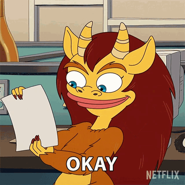 a cartoon character with horns is holding a piece of paper and the word okay is above her
