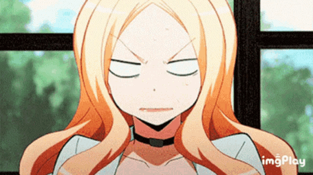a girl with blonde hair and a choker is making a funny face .