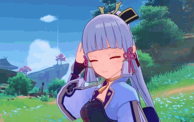 a girl with purple hair is standing in a field with her eyes closed and her hand on her head .